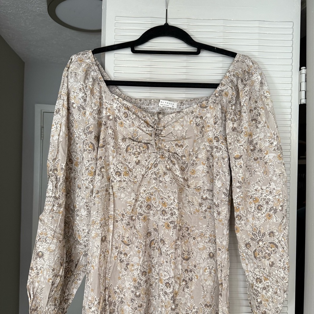 Final Touch Floral Paisley Beige Tan Dress Mid Sleeve Cinched - Picture 2 of 7